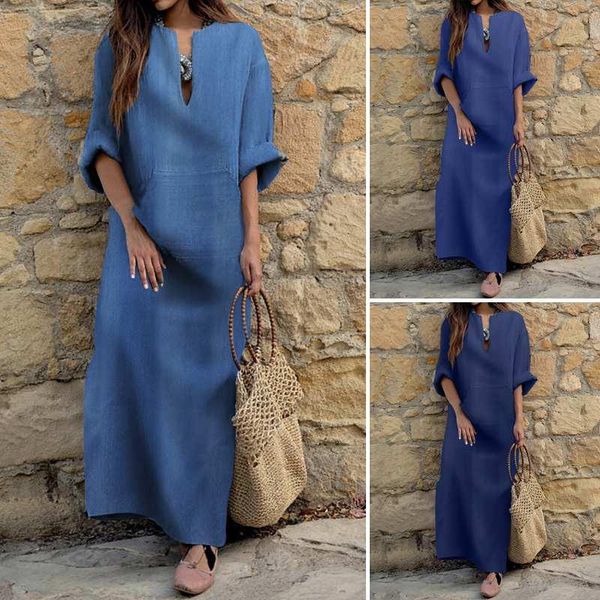 

casual dresses women vintage demin solid vonda elegant maxi long dress loose kaftan vestidos v neck robe sarafans plus size, Black;gray