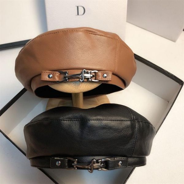 

beanies for women girls metal buckle solid color octagonal painter hat sboy cap beret pu