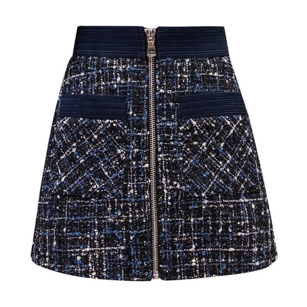 Женщины Tweed юбки A-Line Solid Mini короткие осени зима шикарная элегантная молния черный темно-синий карман S0252 210514