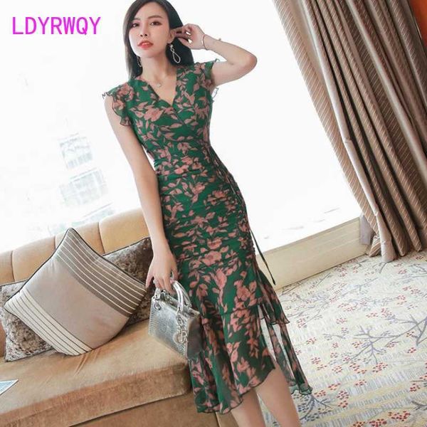 

ldyrwqy slim dress summer female ladies sleeveless v-neck fashion wear floral office lady polyester 210603, Black;gray