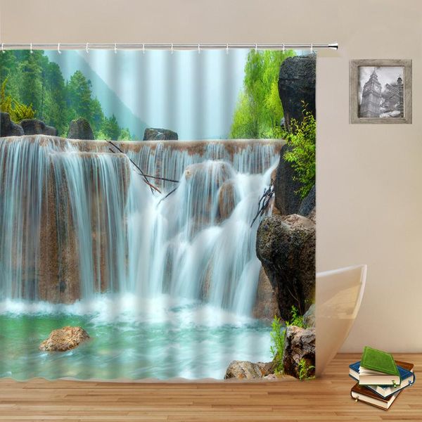 

natural scenery waterfall shower curtains green plant virgin forest big tree landscape pattern bathroom polyester hanging decor