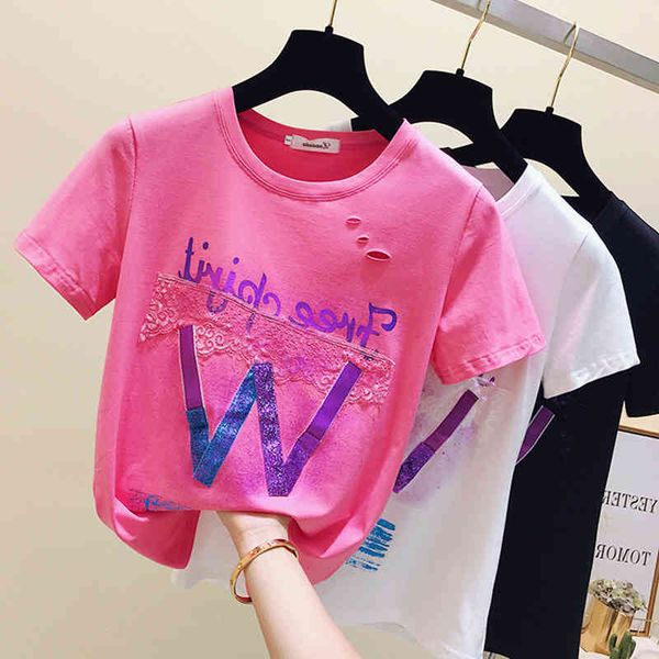 

women's t-shirt short sleeves summer hole printing letter cotton t-shirt women korean women's shirt fashion tshirt vetement femme, White