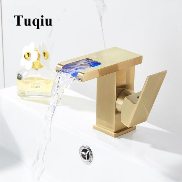 

bathroom sink faucets faucet led brushed gold waterfall square basin mixer and cold