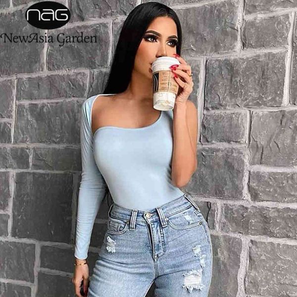 

newasia one shoulder bodycon bodysuit hollow out backless bodysuits women long sleeve solid jumpsuit fit basic body 210413, Black;white