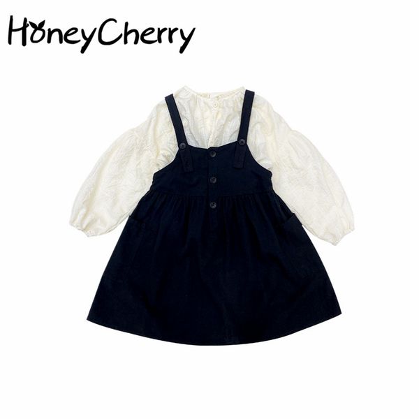 

girls suit spring girl suspender skirt shirt two-piece baby clothes set 210515, White