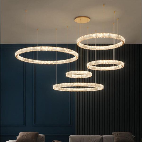 

luxury living room modern lustre led dimmable pendant lights chrome/gold/black steel circle hanging lamp k9 crystal suspend lamps