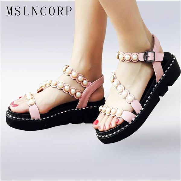 

plus size 34-44 fashion summer women's belt buckle gladiator sandals pearl bead women casual shoes flats platform beach, Black