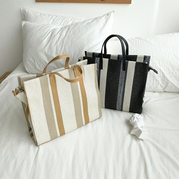 

fashion color striped big bag summer canvas handbag new korean large capacity women shoulder bags wallet purse