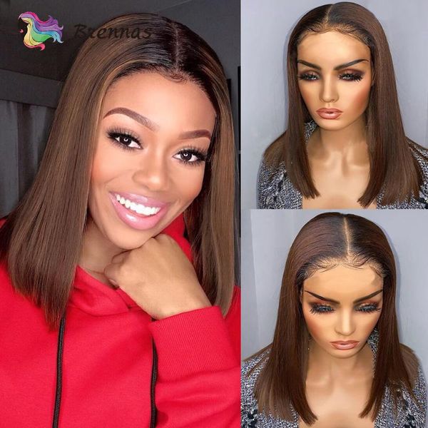

straight short bob lace front wigs t part human hair wig ombre brown color pre plucked brazilian remy for black woman, Black;brown