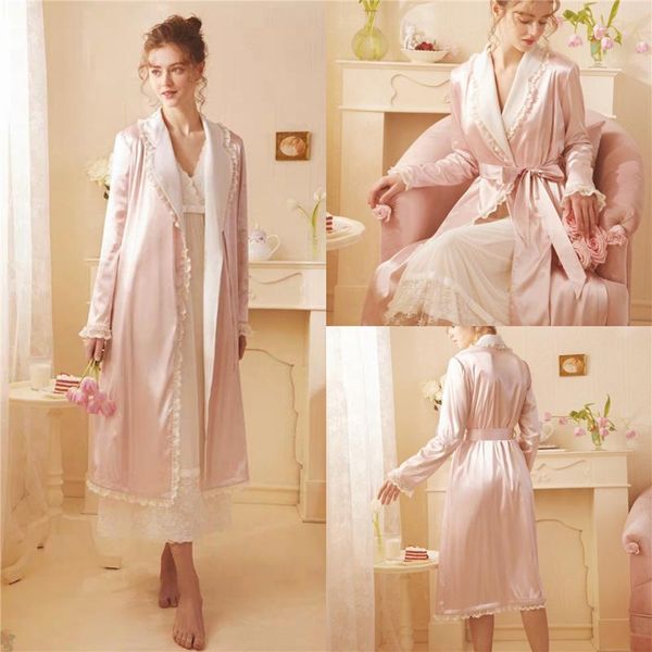 

wraps & jackets morning gowns pajamas female custom made long sleeves lace silk nightgown 2 pieces suits wedding cape cloak, White