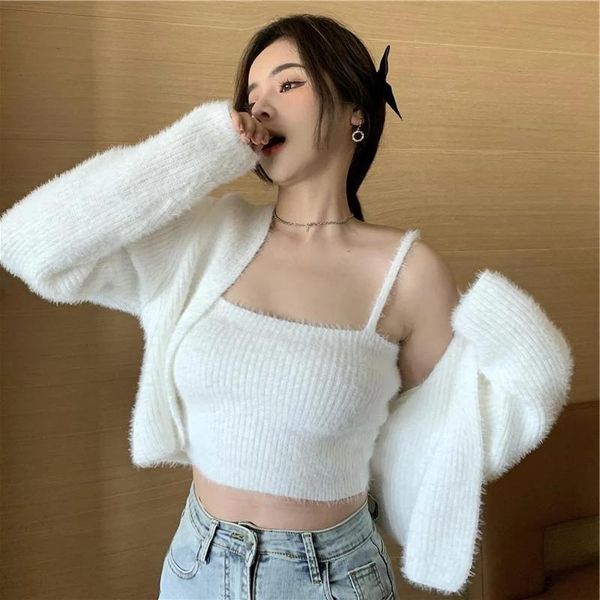 

women's knits & tees korean two piece set women solid v neck long sleeve knitted sweater coat + camis 2021 autumn waterproof mink desig, White