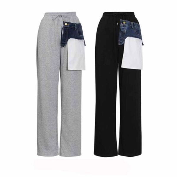 

women's pants & capris women autumn elastic high waist wide leg female ladies fashion solid patchwork loose casual long trousers, Black;white