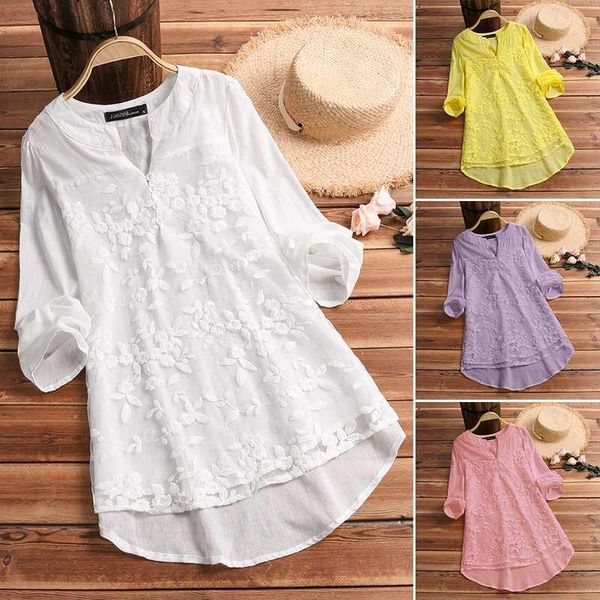 

plus size tunic embroidery 2021 zanzea women's summer blouse elegant v neck long sleeve shirts female button blusas 5xl blouses &, White