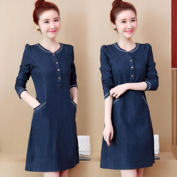 

casual dresses spring autumn women plus size o-neck embroidery long sleeve jeans dress for larger denim one-piece 5xl, Black;gray