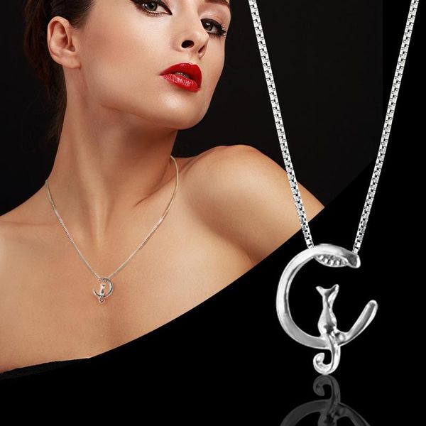 

real pure silver color jewelry vintage korean long wind moon cat necklaces for women wedding kolye collares 2021 chain female pendant