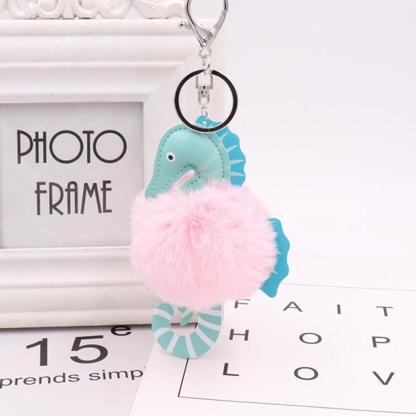 

keychains cute women sea horse fur ball keychain pom bag purse car key holder fluffy golden keyring pendant llaveros, Silver