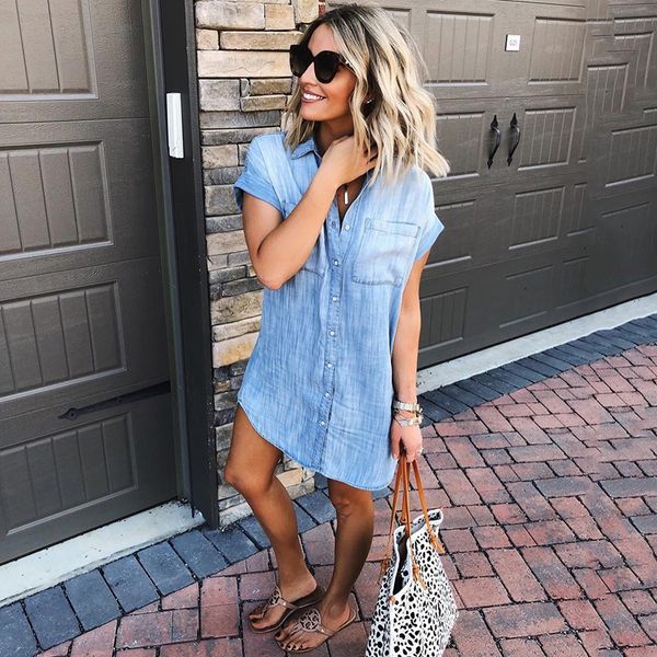 

casual dresses foreign trade cross-border explosion models button short sleeve denim shirt female qc1002 8i7x, Black;gray