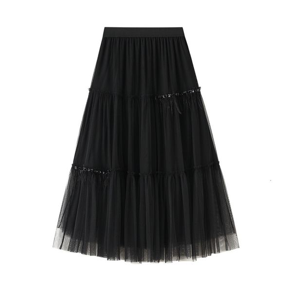 

casual dresses spring cakee tassels a-line black long tulle skirts msff, Black;gray