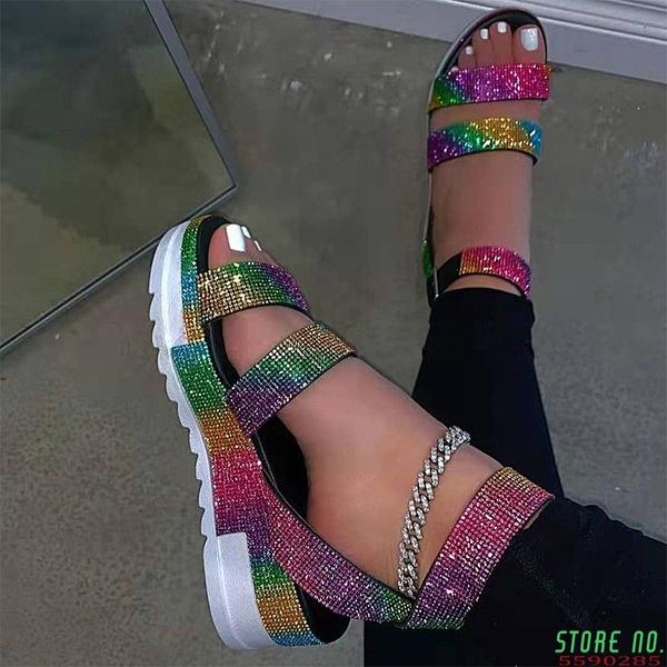 

woman crystal sandals 2021 women's summer slides women bling platform wedges ladies footwear plus size female beach shoes, Black