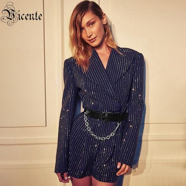 

women's jumpsuits & rompers vc 2021 striped playsuits turn-down collar buckle belted waist suit women celebrity christmas party blazer, Black;white