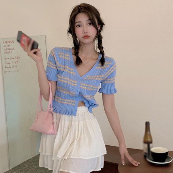 

women's t-shirt summer women stripe knitted v-neck small fresh ruffle butterfly sleeve top, White