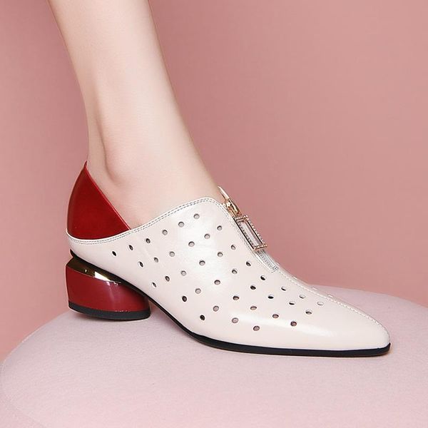 

dress shoes spring genuine leather women pumps zipper pointed toe med heel woman shallow working office casual, Black