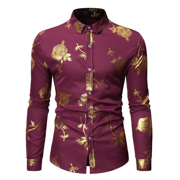 

kalenmos gold rose floral print shirts men muslim hip hop punk chemise lapel wedding party bronzing camisa masculina africa ropa, Red
