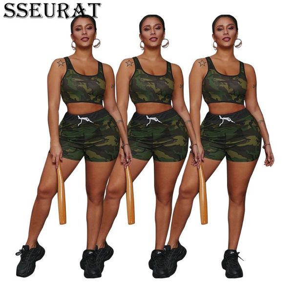 

women's tracksuits sseurat women set camouflage crop drawstring waist shorts two 2 piece sets tracksuit summer outfit 2021, Gray