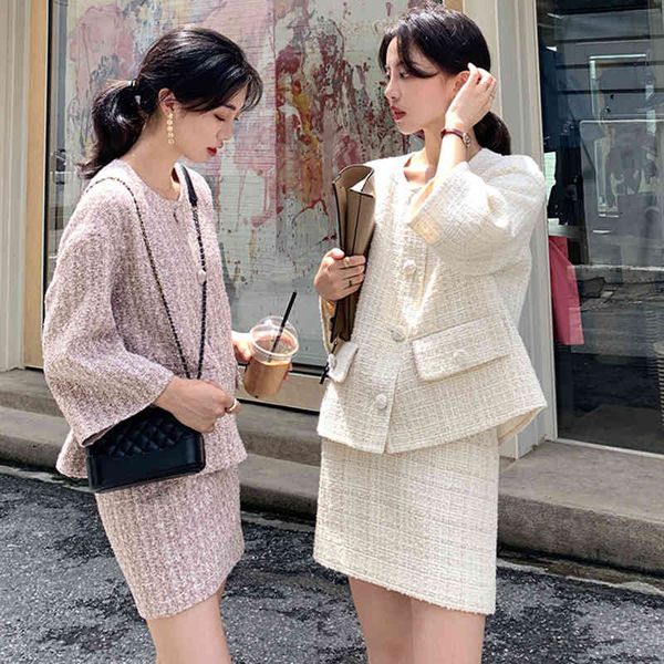 

autumn winter tweed 2 piece set women short jacket wool coat+bodycon pencil skirt suit 210514, White