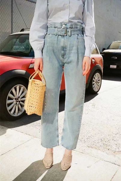 

fashion jeans wind 2021 autumn loose and versatile bract high waist straight women's belt wide leg pants, Blue