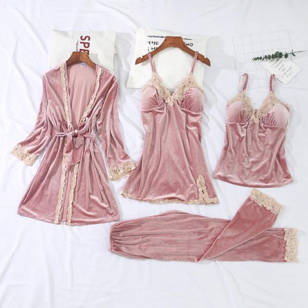 

women's sleepwear 2021 gold velvet robe & gown sets 3-6 pieces warm winter pajamas women lace nightwear homewear, Black;red