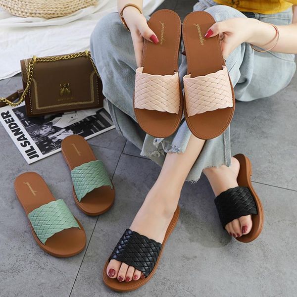 

summer weave slippers women platform flat heel waterproof outside rome beach slides simple casual sandals shoes ladies female, Black