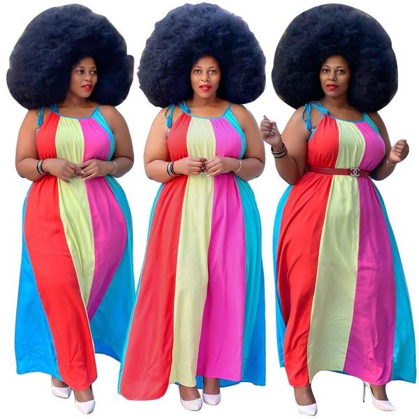 

casual dresses arrivals color striped printing women plus size 2021 summer lace-up sleeveless loose ankle-length dress, Black;gray