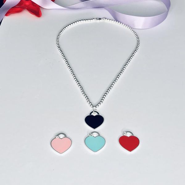 

chains 1:1 925 sterling silver classic european and american style epoxy heart pendant 4mm round bead necklace, jewelry gift for ladies