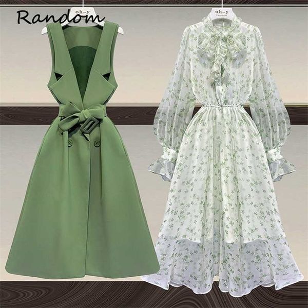 

women plus size green suit long vest jacket coat and floral print chiffon dress two piece set elegant outfit office clothing 211106, White