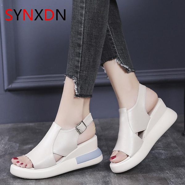

sandals synxdn women wedges heels peep toe leather back strap buckle platform sneakers sandalias 2012, Black