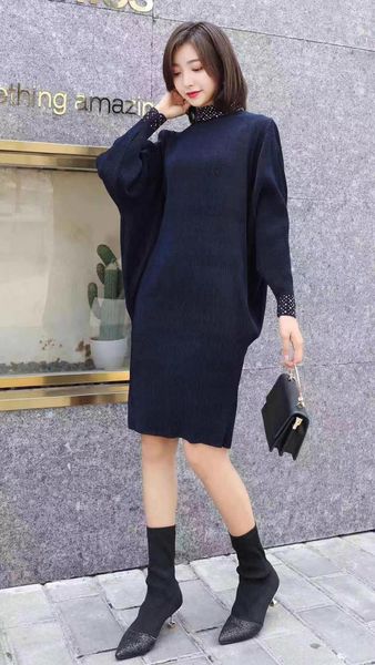 

dress miyake fold batwing sleeve fashion turtleneck beading, Black;gray