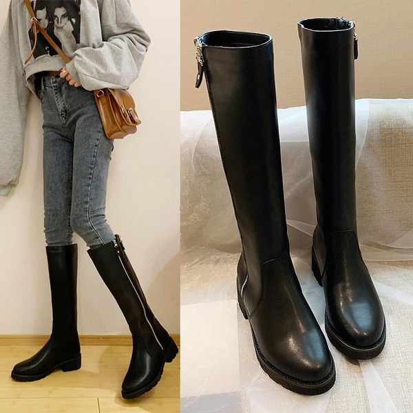 

boots shoes boots-women thigh high heels round toe 2021 over-the-knee rubber autumn low rock ladies leather mid, Black