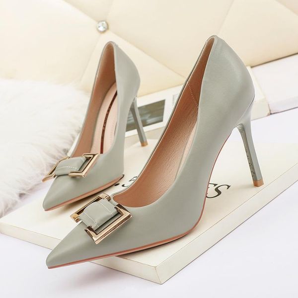 

dress shoes women green nude kitten heels tacones mujer 9cm high heel giltter metal buckle pumps plus size, Black