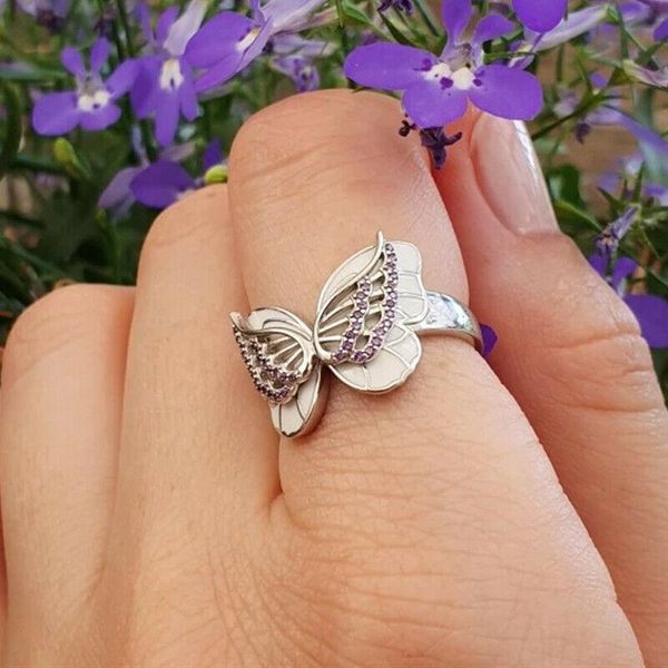 

cluster rings purple pink butterfly wedding ring fashion size 6-10 butterlfy women, Golden;silver