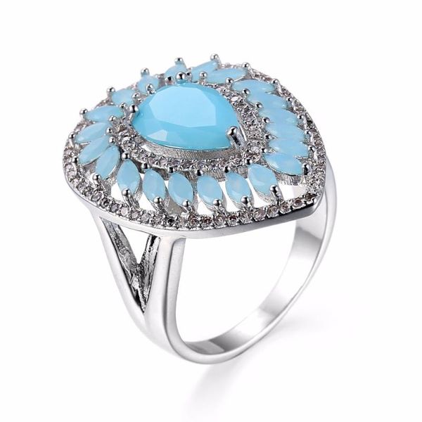 

wedding rings luxury women silver color with austrian cubic zirconia unique water drop blue stone fingers for, Slivery;golden