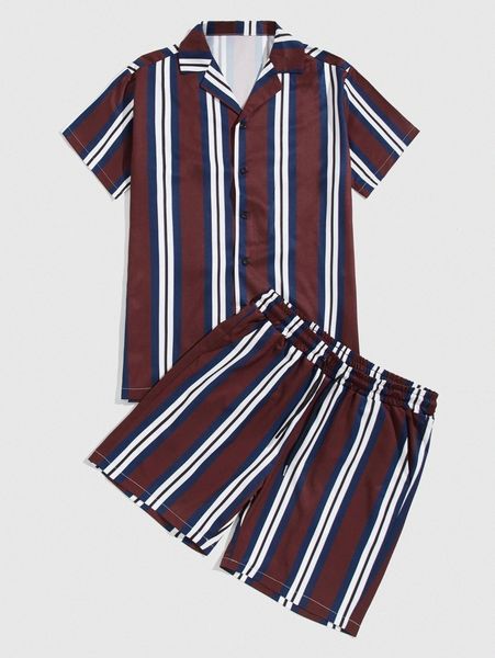 

men colorful stripe button up shirt & shorts 88mh#, Gray