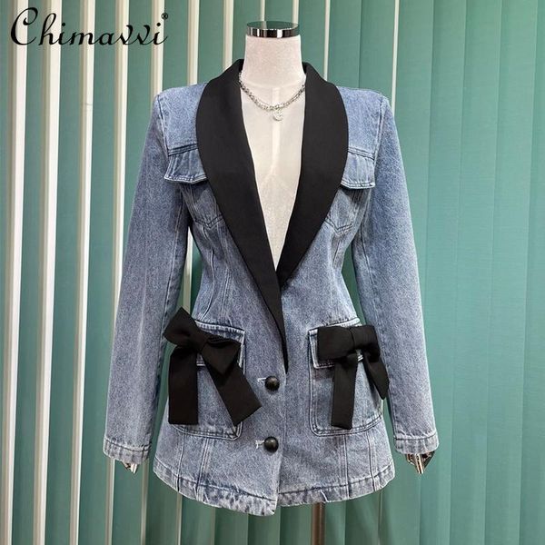 

women's suits & blazers coat autumn 2021 single breasted slimming casual suit female long sleeve stitched bow denim blazer jean jacket, White;black