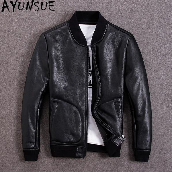 

men's leather & faux ayunsue genuine jacket men winter sheepskin shearling coat clothes 2021 plus size vintage wool lining m-s-n-13, Black