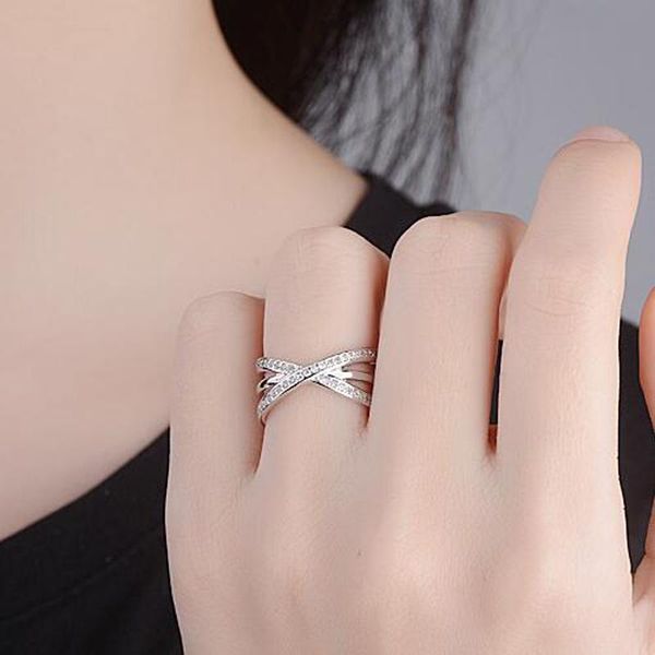 

wedding rings ronerai fashion sterling silver 925 for women party exquisite micro-inlay zircon cross ring jewelry valentine's day gifts, Slivery;golden