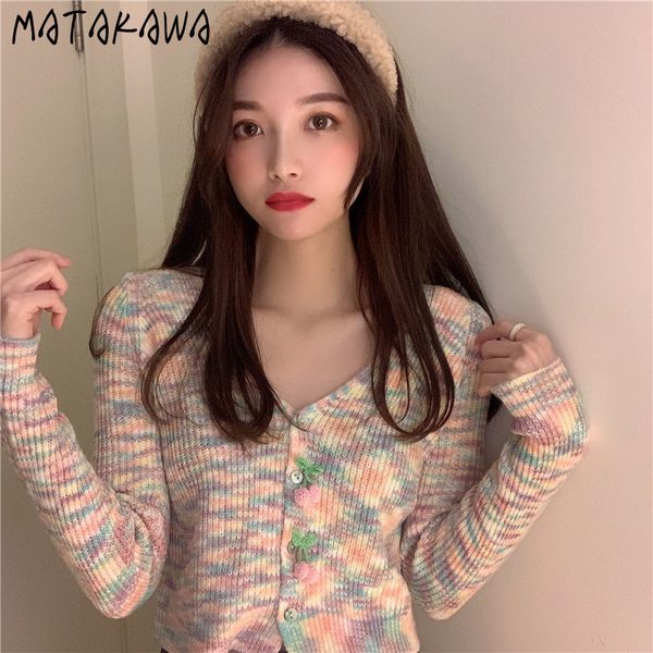 

matakawa short sweater coat women print sweaters for women slim v-neck knitted cardigan single breasted 210513, Blue