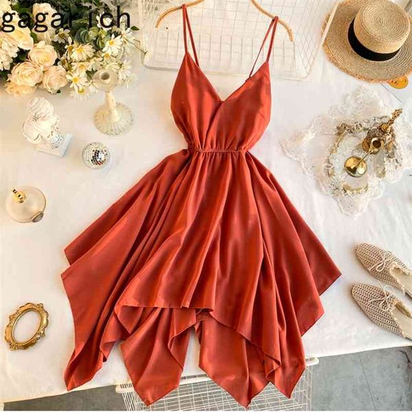 

gagarich dresses for women seaside v-neck backless temperament elastic waist thin solid irregular dresses robe ladies 210331, Black;gray