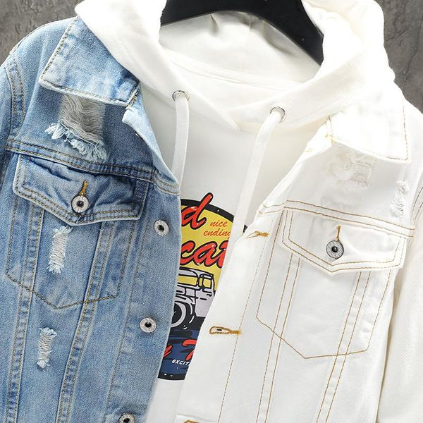 

men's jackets spring autumn fashion hip-hop loose ripped contrast denim large size jacket personality stitching bomber jeans, Black;brown