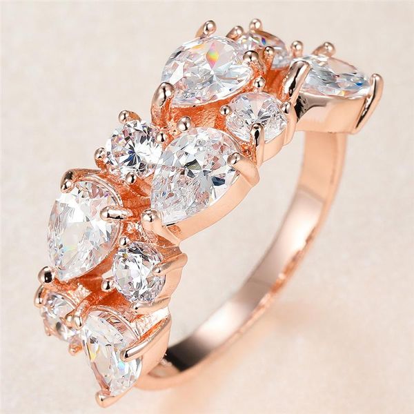 

luxury female white crystal stone ring charm rose gold color wedding rings for women promise water drop zircon engagement, Slivery;golden