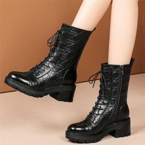 

boots winter chunky platform pumps shoes women lace up genuine leather high heel motorcycle female round toe snow, Black